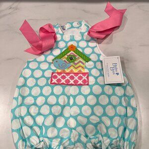 Bailey Boys Bubble Romper Baby Girls 6M Blue White Polka Dot Birdhouse Appliqué